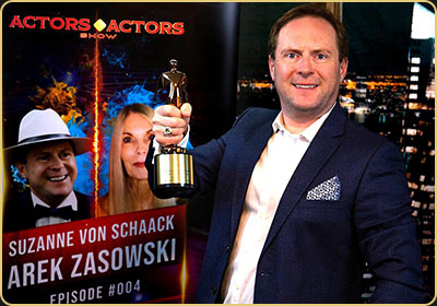 Arek Zasowski smiling and holding the Bronze Telly Award trophy for Actors By Actors Show – Episode 004, winner of the Television – Entertainment category at the 44th Annual Telly Awards in New York, May 2023