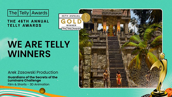 Still from Guardians of the Secrets of the Luminara Challenge showing ancient stone temple with tribal characters; Gold Telly Award Winner banner for 46th Annual Telly Awards