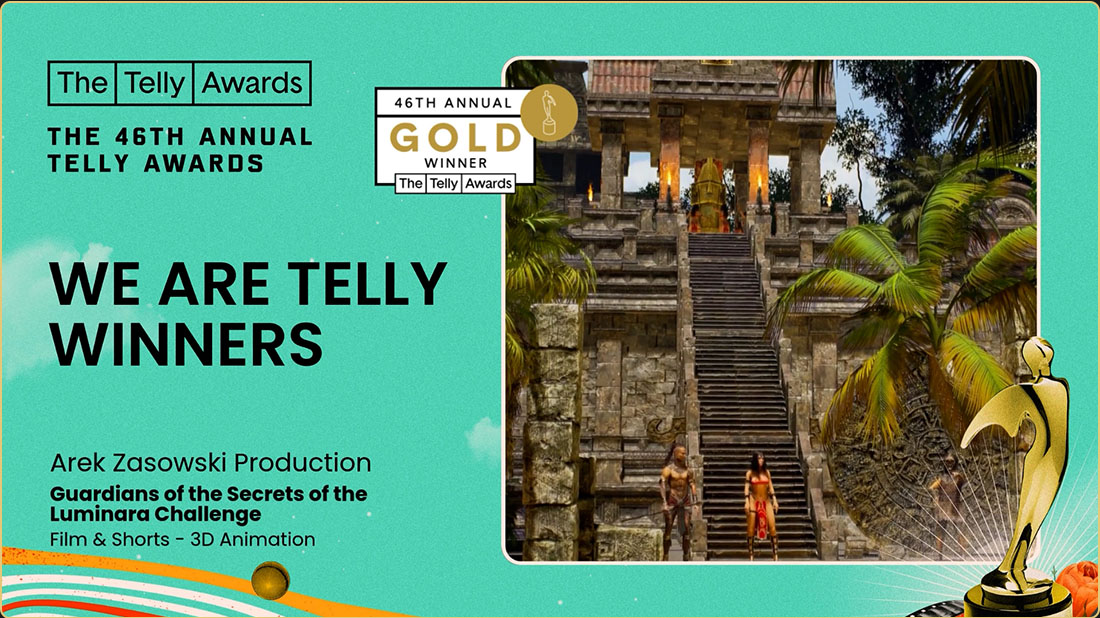 Still from Guardians of the Secrets of the Luminara Challenge showing ancient stone temple with tribal characters; Gold Telly Award Winner banner for 46th Annual Telly Awards