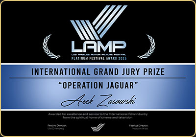 Platinum Festival Award certificate presented to Arek Zasowski for Operation Jaguar at Los Angeles Motion Picture Festival 2025 — winner of the International Grand Jury Prize