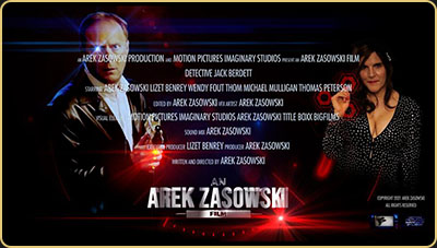 Film still from Detective Jack Berdett, a sci-fi comedy short starring and directed by Arek Zasowski, with Lizet Benrey, featuring VFX and cybercrime plot