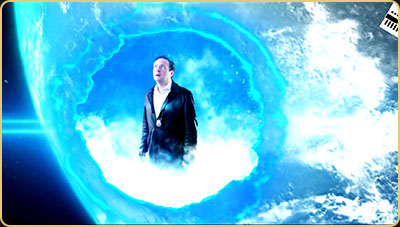 Arek Zasowski as Detective Jack Berdett inside a glowing blue space portal above Earth, still from a VFX-driven sci-fi comedy short film