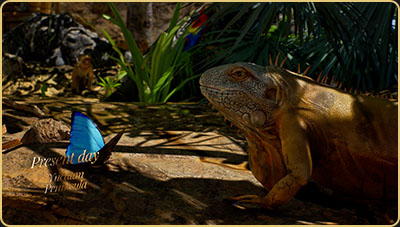 Arek Zasowski’s 3D animated jungle scene showing a detailed iguana watching a glowing blue butterfly in Guardians of the Secrets of the Luminara Challenge