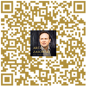 QR code linking to Arek Zasowski's Linktree, displayed on a dark gold background with his cinematic portrait in the center
