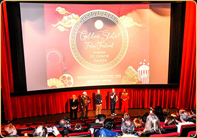 Arek Zasowski introducing his film Call Me at the Golden State Film Festival at TCL Chinese Theatre, where it later won Best International Romantic Comedy Short in Hollywood, March 2020