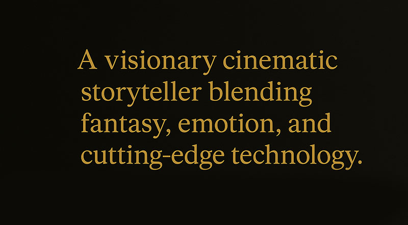 Quote image stating "A visionary cinematic storyteller blending fantasy, emotion, and cutting-edge technology" in gold text on a black background